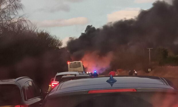 Bus on fire. A90 near Brechin. Imge: Fubar News/ Facebook.