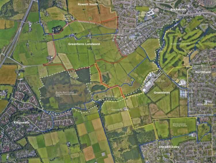 Plans for more than 1,500 homes at Greenferns Landward (north of Bucks Burn) could soon be ditched by the Aberdeen City Council's largest group, the SNP. Image: Aberdeen City Council.