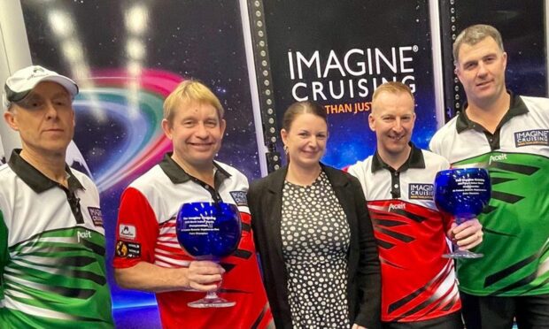 Mike Stepney, far right, with his team-mate Jason Greenslade, far left.  Greg Harlow is second from left, with his partner Nick Brett the other side of Haley Bench, events manager for sponsors Imagine Cruising.