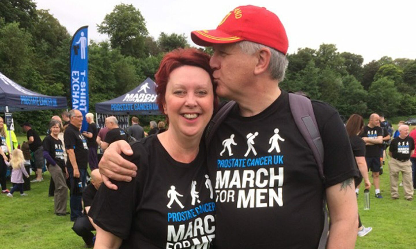 Brian, who moved to Barra after prostate cancer treatment, pictured with wife Joan at a charity march.