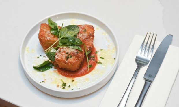 The Drouthy Cobbler's mac n cheese croquettes with spiced house ketchup and parmesan. Image: Jason Hedges/DC Thomson