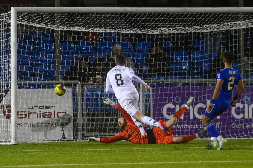 Ayr United's Ben Dempsey scores the second against Cove Rangers. Image: Kenny Elrick/DC Thomson