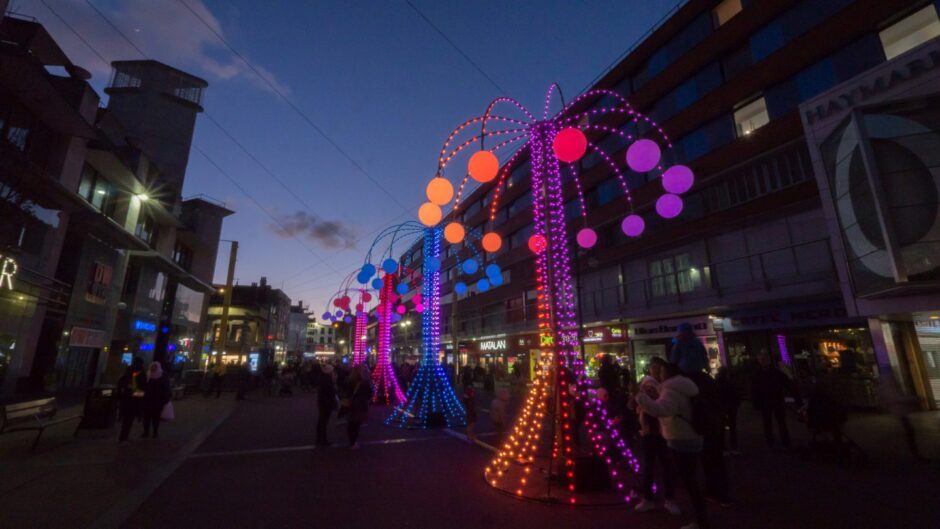 Luminosi Trees, pictured in Leicester, will take centre stage on the mud-free Union Terrace Gardens lawn.