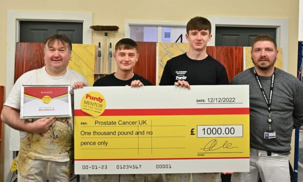 Mark Mitchell, left, with apprentice Adam Hepburn from Elgin, apprentice Jack MacLeod of Alness and painting and decorating lecturer Jordan Bryceland. Image: David Stewart