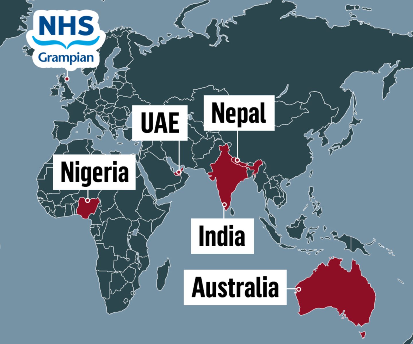A map showing where NHS Grampian has recruited internationally - UAE, Nigeria, Nepal, India and Australia