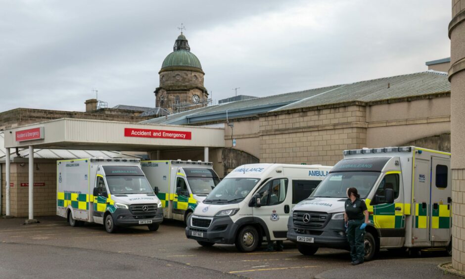 Ambulances queuing outside Dr Grays Hospital in Elgin during NHS crisis