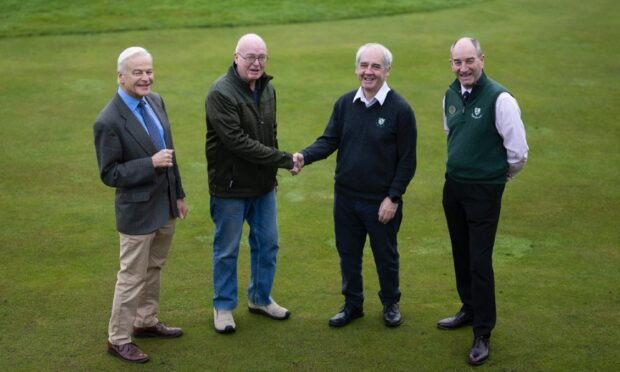 Highland councillor Jim McGillivray (second left) and Royal Dornoch captain Prof David Bell celebrate the new 99-year lease, flanked by Dornoch Provost Paddy Murray and club general manager Neil Hampton. Image  Matthew Harris/ Royal Dornoch Golf Club