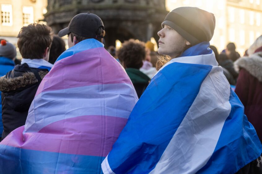 Trans rights protestors in Aberdeen as the UK government moved to block the Scottish gender recognition reform bill. Image: Scott Baxter/DC Thomson