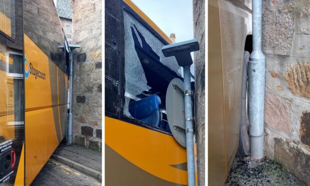 The number 10 Stagecoach bus was stuck in one of Huntly's narrowest roads. Image: Michael McCosh/ DC Thomson Design.