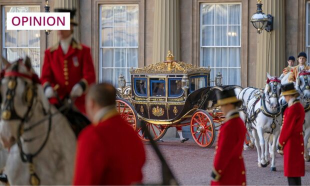 King Charles III, Camilla, the Queen Consort and South African president Cyril Ramaphosa travel in a state carriage (Image: Kin Cheun/WPA Pool/Shutterstock)