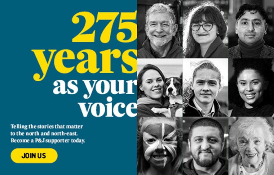 "275 years as your voice" campaign poster featuring photos of locals from across Aberdeen, Aberdeenshire, Moray, Inverness, and Highlands and Islands.