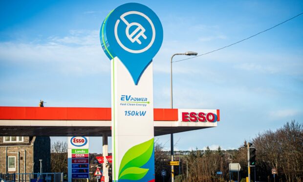 The EV charging point sign at Esso forecourt on the Haudagain roundabout in Aberdeen