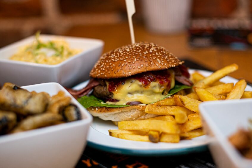 Burger and chips.