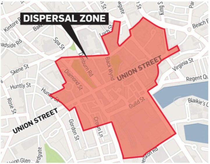 A map of the dispersal zone in Aberdeen city centre, around Union Street and the main shopping centres. It was enforced over the summer of 2019 to tackle antisocial behaviour. Image: DC Thomson.