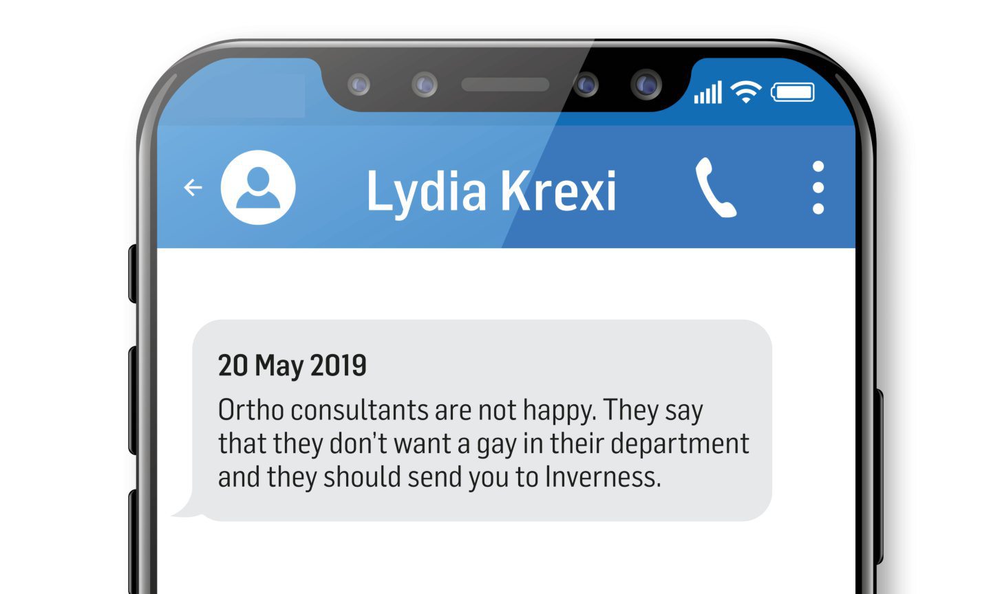 One of the texts from Lydia Krexi: “Ortho consultants are not happy. They say that they don't want a gay in their department and they should send you to Inverness.”