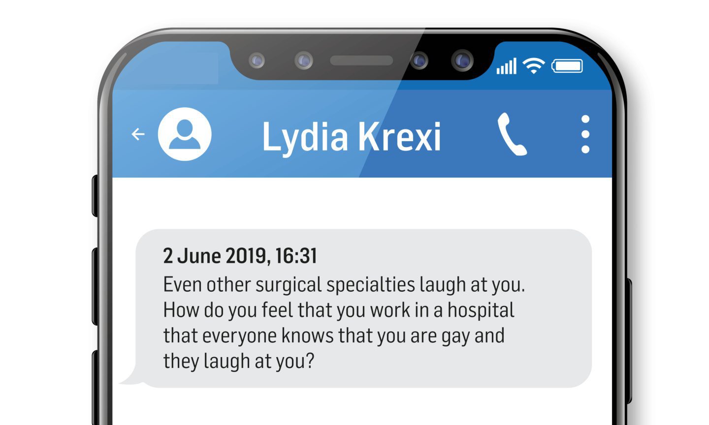 One of the texts from Lydia Krexi: "Even other surgical specialties laugh at you. How do you feel that you work in a hospital that everyone knows you are gay and they laugh at you?"