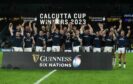 Scotland celebrate their third successive Calcutta Cup win.