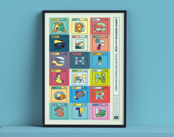 A colourful print of the Gaelic alphabet.