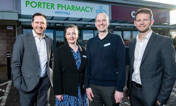 From left, Ritchie Whyte, Aberdein Considine (AC), Lynne and Andy Porter, and Danny Anderson, AC, celebrate Porter Pharmacy's latest expansion. Image: Aberdein Considine