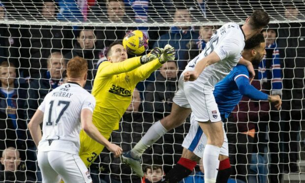 Jordan White powers his header home against Rangers in Saturday's 2-1 Premiership defeat for the Staggies. Image: Alan Harvey/SNS Group