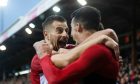 Aberdeen's Bojan Miovski celebrates with Ylber Ramadani after scoring against Motherwell in February, 2023. Image: SNS