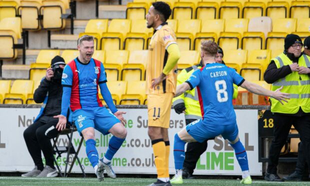 Billy Mckay celebrates after firing ICT in front at Livingston. Images: Paul Devlin/SNS Group
