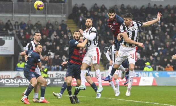 St Mirren's Declan Gallagher scores to make it 1-0 against Ross County. Image: Rob Casey/SNS Group