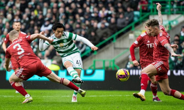 Reo Hatate doubles Celtic's lead against Aberdeen. Image: SNS