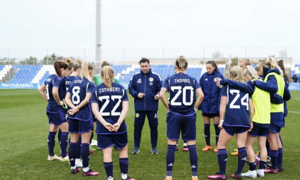 Scotland Women manager Pedro Martinez Losa delivers his post-match talk at the Pinatar Cup. Image: Scottish FA.