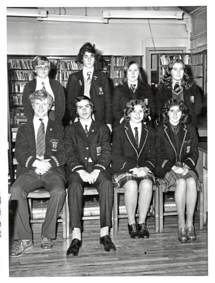 1977 - Line up of contestants at Harlaw Academy, Aberdeen, for the Press and Journal/ Aberdeen University debating contest, which was won by Aberdeen Grammar School.