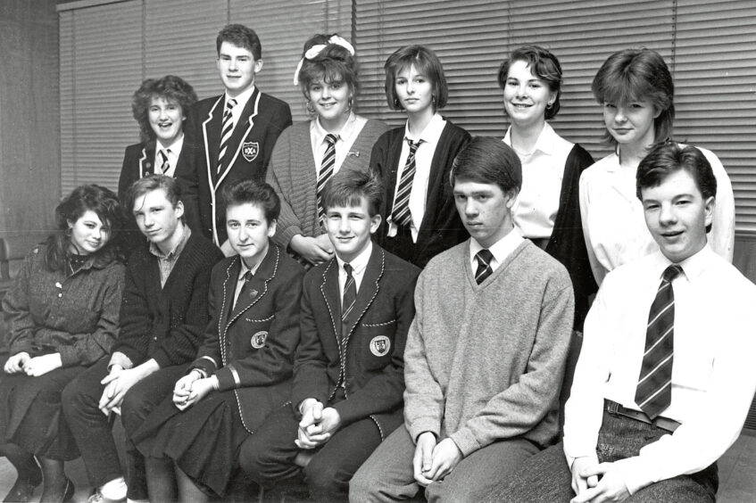 1988 - Pupils taking part in a debating event at Banff Academy were, back row, from left: Fiona McWhirr, Norman Meldrum, Banff Academy; Lynette Allen, Lucy Anderson, Kingussie High; Nikki Byron, Fiona Simpson, Thurso A. Front: Karen Harris, Robert Mackenzie, Thurso B; Elizabeth-Ann Webster, Ewan Lacey, Peterhead; Scott Forrester, Stephen Crawford, Ellon Academy.