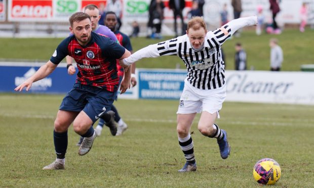 Elgin City's Russell Dingwall, right, in action against Stranraer. Image: Bob Crombie