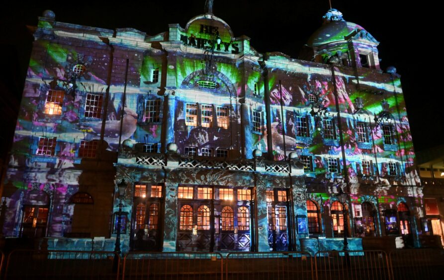 Artwork projected onto Aberdeen building as part of festival of lights, Spectra.