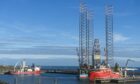 The Noble Innovator jack-up oil rig at the Port of Aberdeen south harbour