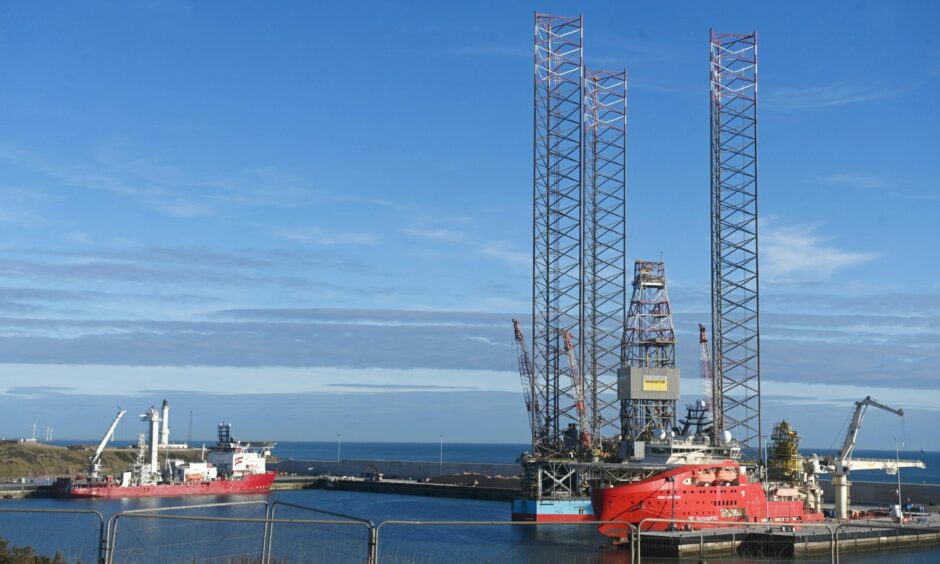 The Noble Innovator jack-up oil rig at the Port of Aberdeen south harbour
