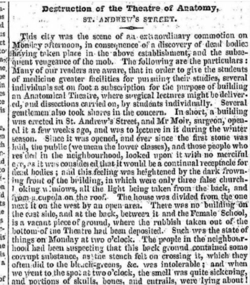 Aberdeen Journals original article "Destruction of the theatre of anatomy, St Andrew's Street".