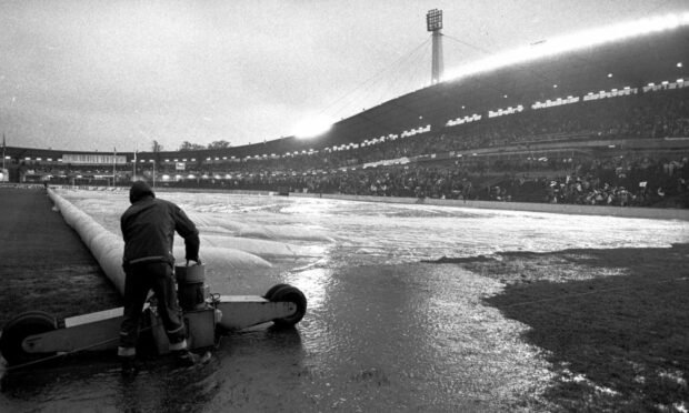 The sodden pitch at the Ullevi Stadium in Gothenburg. Image: Aberdeen Journals