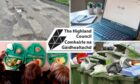 The Highland Council logo surrounded by potholed roads, bins, a laptop and school dinner trays