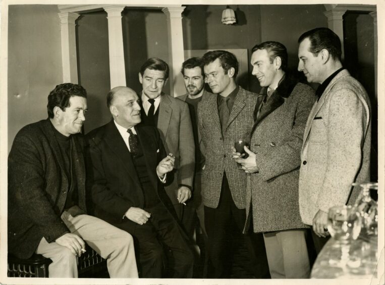 1963 - James Donald with the cast of Breaking Point, from left, John Gregson, James Donald, Robert Beatty, Michael Atkinson, Paul Massie, Burnel Jackson and Reginald Ayres, at His Majesty’s Theatre.