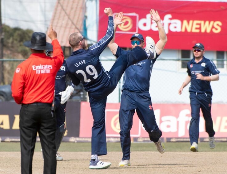 Michael Leask reached 50 one-day international wickets against Namibia. Image: Ian Jacobs/Cricket Scotland