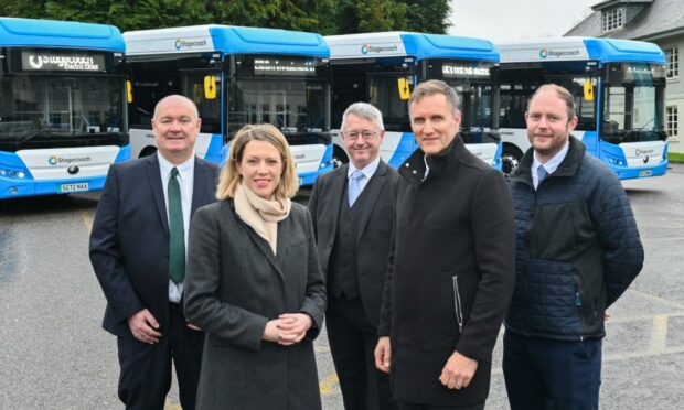 David Beating, managing director for Stagecoach Highlands with Jenny Gilruth, Scottish minister for transport; Ian Downie, head of Yutong UK, Sam Greer regional director Stagecoach Scotland, David Simpson, head of engineering. Image: Jason Hedges/ DC Thomson.