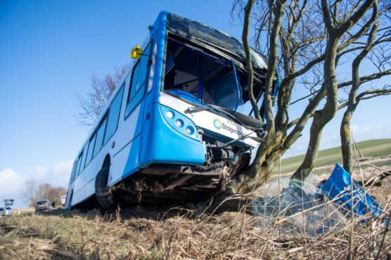 A Stagecoach bus that came off the road on the A90 between Mintlaw and Fraserburgh today. Image: Kami Thomson/DC Thomson