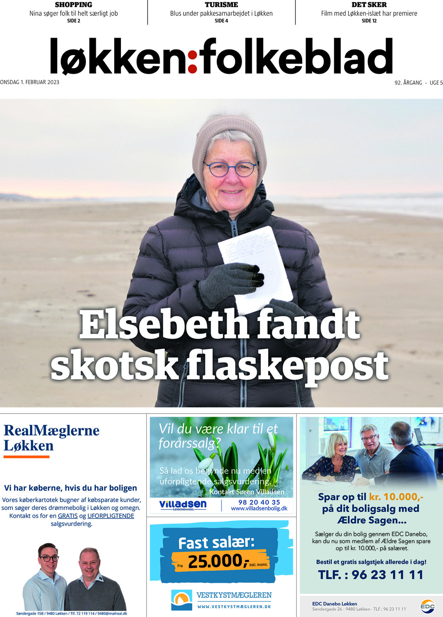 The front page of Denmark newspaper Lokken Folkeblad, where Aberdeenshire schoolgirl Sienna's message in a bottle made the front page. 