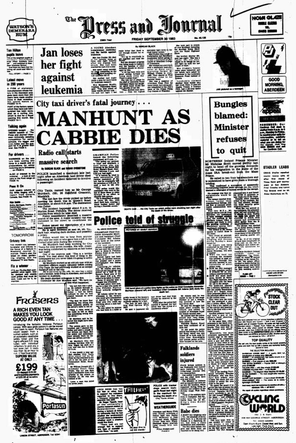 Front page of The Press and Journal with headline "Manhunt as cabbie dies".