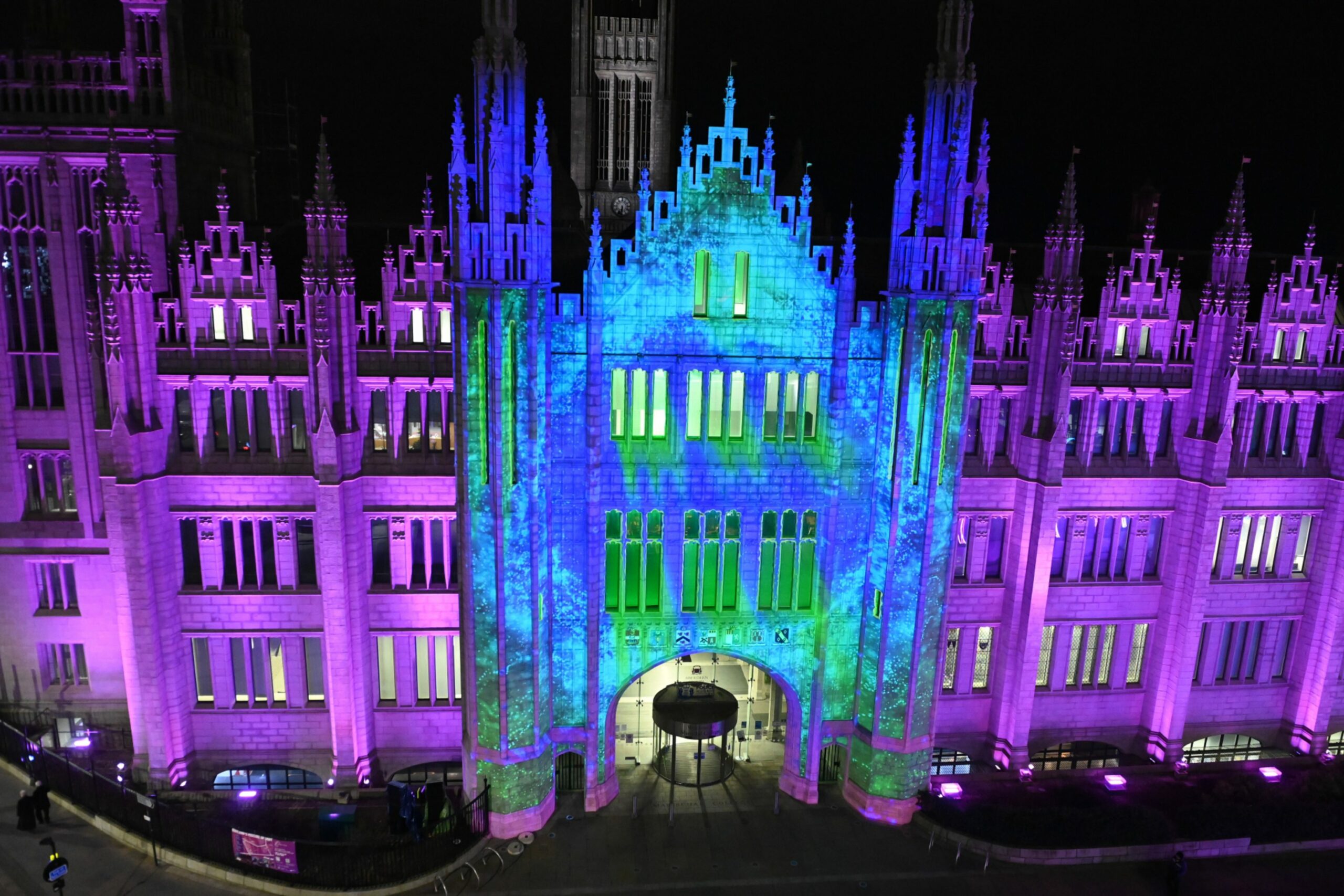 Marischal College, illuminated during the Spectra Festival of Light.