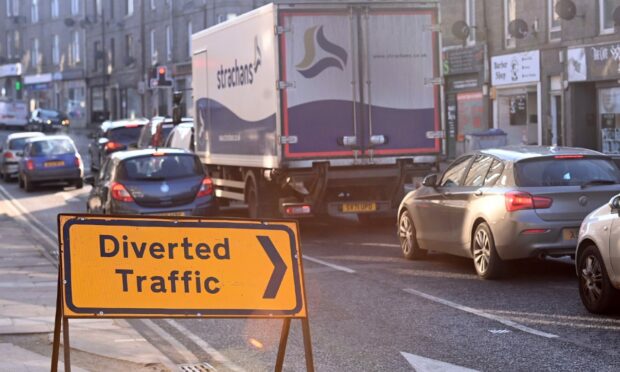 Lengthy traffic queueing up on a diversion route created for the South College Street project. Image: Darrell Benns/DC Thomson, February 13 2023.