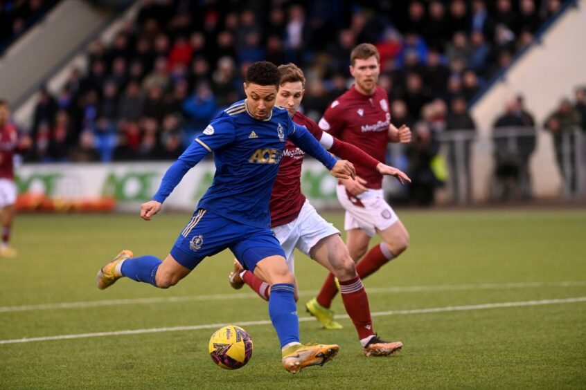 Leighton McIntosh scores for Cove Rangers against Arbroath. Image: Darrell Benns/DC Thomson