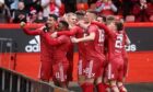 Goal celebrations at a Scottish Premiership match between Aberdeen and Livingston at Pittodrie