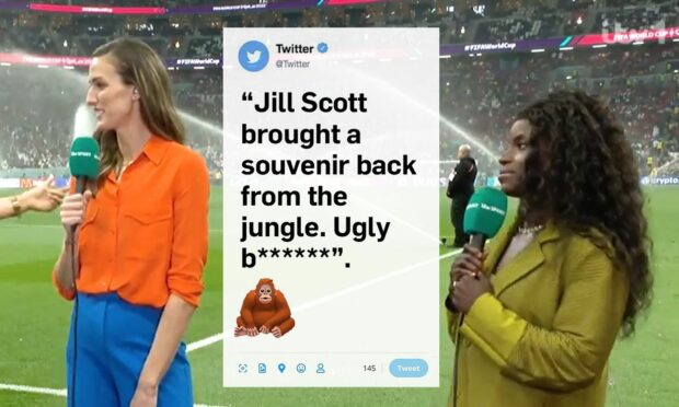 The racist tweet was posted alongside an image of Jill Scott and Eni Aloku. Image: DC Thomson