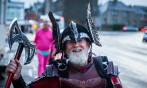 A few stray Vikings heading home after a night of Up Helly Aa celebrations were spotted on the streets of Lerwick this morning. Image: Wullie Marr/DC Thomson.
